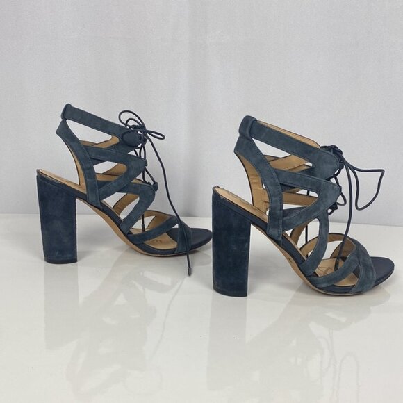 SAM EDELMAN Yardley Inky Black Blue SUEDE Strappy Lace-Up Block Heel - Size 7.5 - Picture 5 of 12